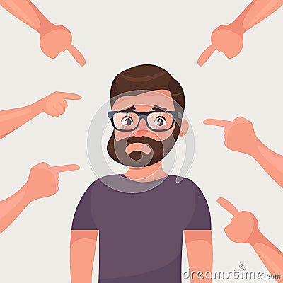 Sad, depressed, ashamed man surrounded by hands pointing him out with fingers. Social disapproval blame and accusation concept Vector Illustration