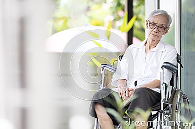 Sad and depressed asian senior woman sitting alone in wheelchair with head down feel lonely and bored,disabled old elderly with Stock Photo