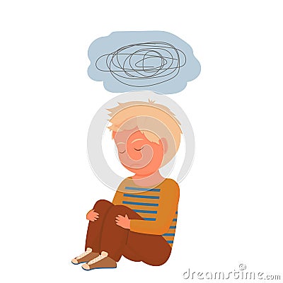 Sad, depressed child, kid sitting alone Cartoon Illustration