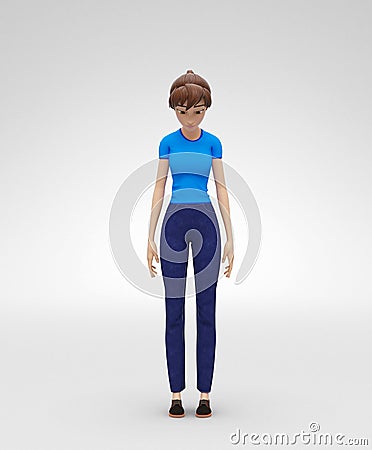 Sad, Depressed and Frustrated, Jenny - 3D Cartoon Female Character Model - Stands Stooping in Dull Manner Stock Photo