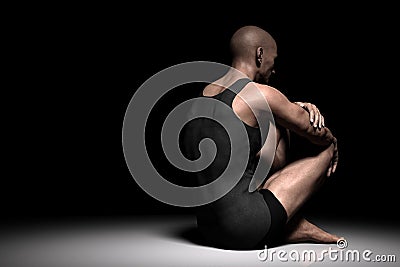 Sad, depressed man sitting alone on floor in dark spotlight. Depression, pain Stock Photo