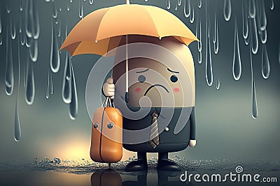 Sad depressed rainy businessman Kawaii cartoon character business illustration rain bad mood depression sorrowful fed up sick Stock Photo