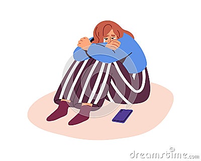 Sad depressed woman in tears, weeping, sobbing in despair. Upset frustrated tearful person in bad mood with mobile phone Vector Illustration