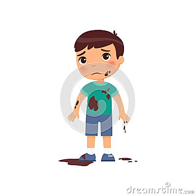Sad dirty boy flat color illustration. Unhappy caucasian toddler in mud. Vector Illustration