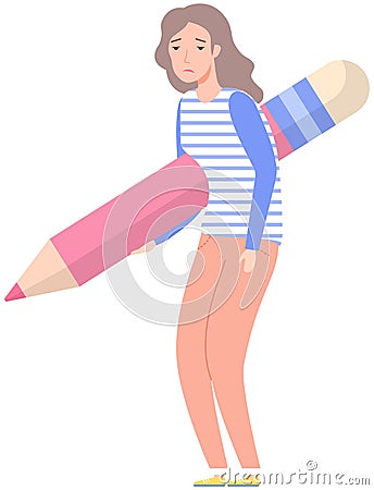 Sad, disappointed woman holding big pencil. Girl gets upset about some event with her bent back Vector Illustration