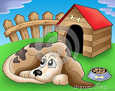 Sad dog in front of kennel 1 Cartoon Illustration