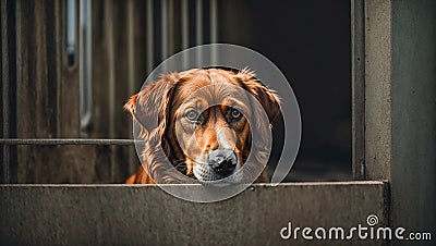 Sad dog at the shelter canine sad animal lonely homeless concept adopt cute fence Stock Photo