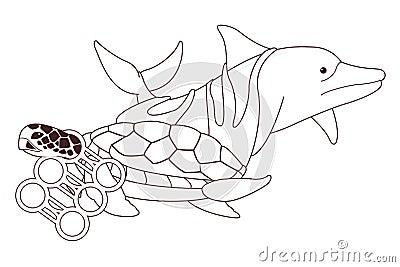 Sad dolphin and turtle stuck in black and white Vector Illustration