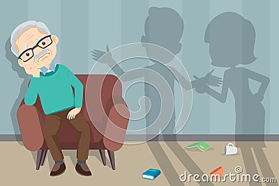 Sad Elderly woman sitting Sofa Vector Illustration