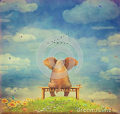 Sad elephant sitting on bench Stock Photo