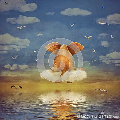 Sad elephant sitting on cloud Stock Photo