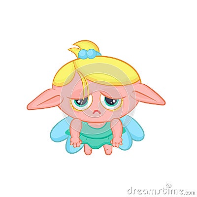 Sad elf fairy with wings. Cute blond melancholy girl sorceress in dress vector fantastic character isolated cartoon Vector Illustration