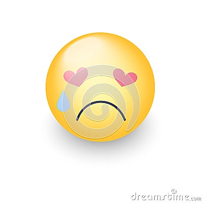 Sad enamored smiley with eyes in the form of hearts. Crying emoji face. Cute cartoon emoticon with tears from his eyes. Broken hea Vector Illustration