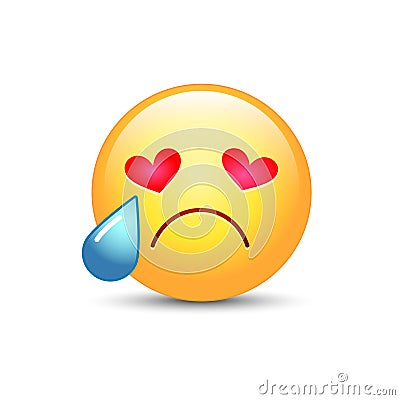 Sad enamored smiley with eyes in the form of hearts. Crying emoji face. Cute cartoon emoticon with tears from his eyes. Broken hea Vector Illustration