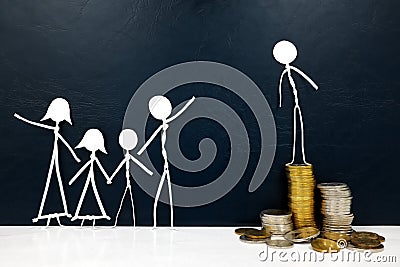 Sad and envious stick man figure on top of pile of coins beside a happy family. Genuine and true happiness in life, contentment. Stock Photo