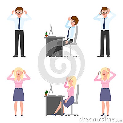 Sad, exhausted, miserable office boy, girl vector. Standing unhappily, talking on phone, depressed man, woman cartoon character Vector Illustration
