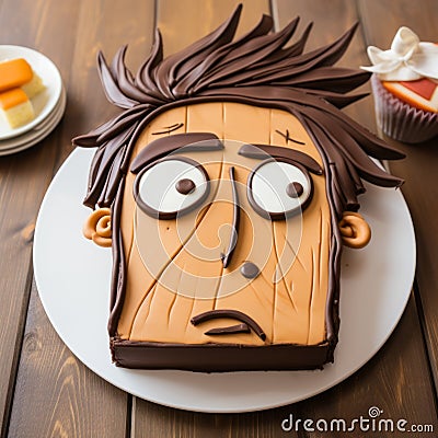 Sad Expression Brownies Face Cake: A Comic Cartoon Style 2d Cake With Horse Theme Stock Photo