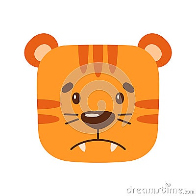 Sad face of a cartoon tiger. Kawaii illustration of a wild animal. Simple clipart for children's design Vector Illustration