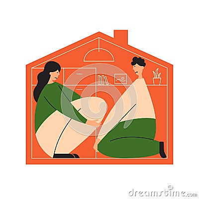 Sad family couple sit in cramped tiny house Vector Illustration