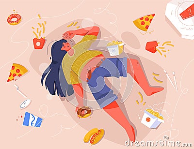 Sad fat woman eating fast food, lying on floor Vector Illustration