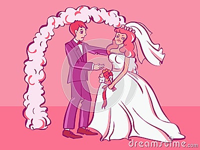 Sad fiancee cry, bridegroom tries to comfort her. Cartoon style illustration Vector Illustration