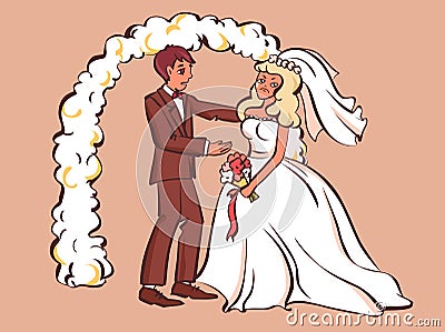 Sad fiancee cry, bridegroom tries to comfort her. Cartoon style vector illustration Vector Illustration