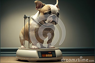 sad French bulldog on weight scale. Generative AI Stock Photo