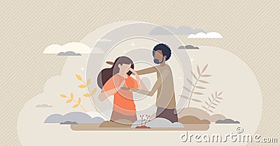Sad friend support as empathy and friendship in trouble tiny person concept Vector Illustration
