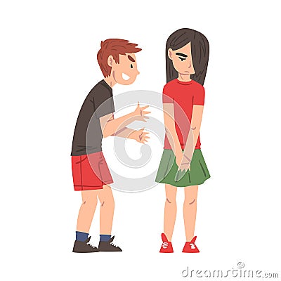 Sad Girl Bullied by Boy, Classmate Mocking Her, Mockery and Bullying at School Problem Cartoon Style Vector Illustration Vector Illustration