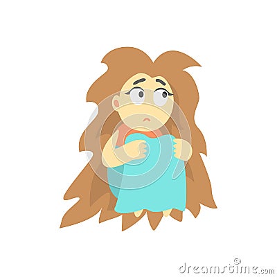 Sad Girl With Bushy Hair Sitting Feeling Blue, Part Of Depressed Female Cartoon Characters Series Vector Illustration