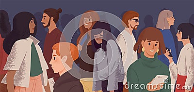 Sad girl in crowd flat vector illustration. Emotional burnout, depression and fatigue concept. Young overworked woman Vector Illustration