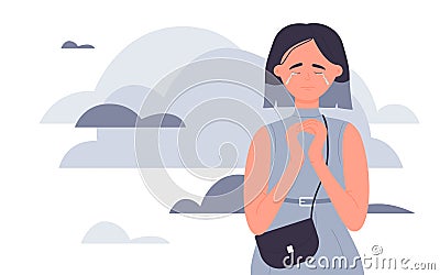 Sad girl crying, negative mood and loneliness, upset unhappy young woman standing alone Vector Illustration