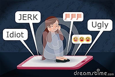 Sad girl getting cyber bullying Vector Illustration