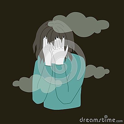 Sad Girl Hiding Face In Plams Vector Illustration