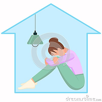 Sad girl at home. Lonely sad woman. Vector. Self-isolation. Depression and blues despondency Vector Illustration