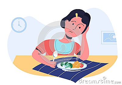 Sad girl looking on her plate with vegetables and refusing to try. Picky eater and bad appetite. Parenting challenges. Vector Illustration