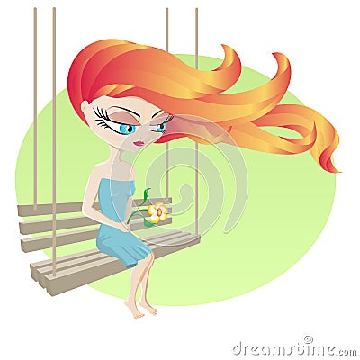 Sad girl sitting on bench Vector Illustration