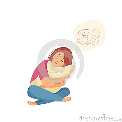 Sad girl sitting on the floor with confused thoughts and hugging a pillow. Depressive person with memory problems Vector Illustration