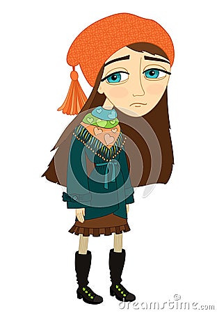 Sad girl standing alone and not smiling Vector Illustration