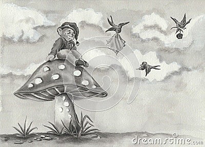 Sad Gnome on a mushroom, handpainted black and white watercolor childrens illustration Cartoon Illustration