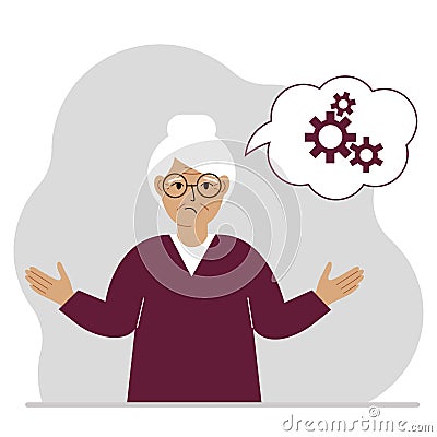 Sad grandma thinks, dreams with gears concept. Grandmother is thinking about solving the problem. Balloon with the image Vector Illustration