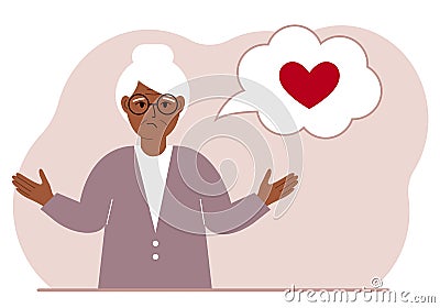 Sad grandmother thinks about love. In the balloon of thought is a red heart. Vector Vector Illustration