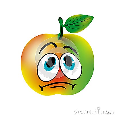 Sad green apple, caricature on a white background. Vector Illustration