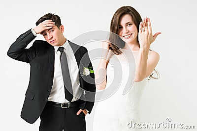 Sad groom feeling upset about marrying Stock Photo