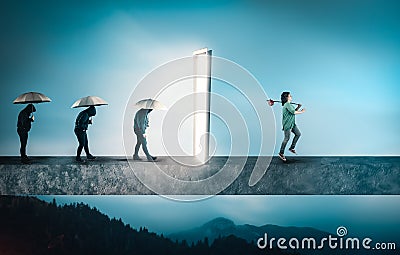 Sad group of people with umbreallas going to a door portal, coming out happy. Stock Photo