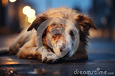 Sad homeless dog on the street under rain. Adopting an abandonded pet Stock Photo