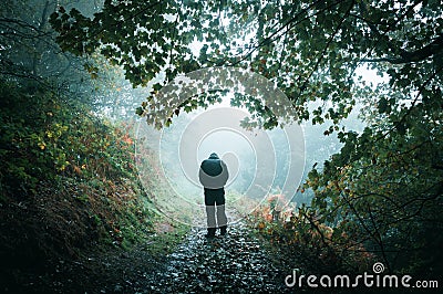 A sad hooded figure walking away from the camera on a misty woodland Stock Photo