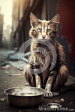 Sad, hungry and dirty stray cat on city street, generative ai Stock Photo