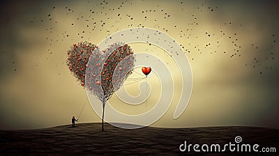 a sad illustration of a lonely person next to a tree made out of a heart, ai generated image Cartoon Illustration