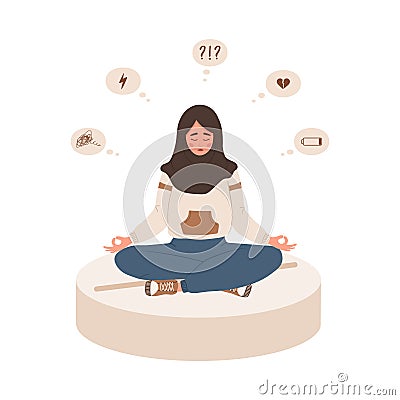 Sad islamic girl is sitting on large pill. Depression drugs. Unhappy woman needs medical help. Psychological illness Vector Illustration